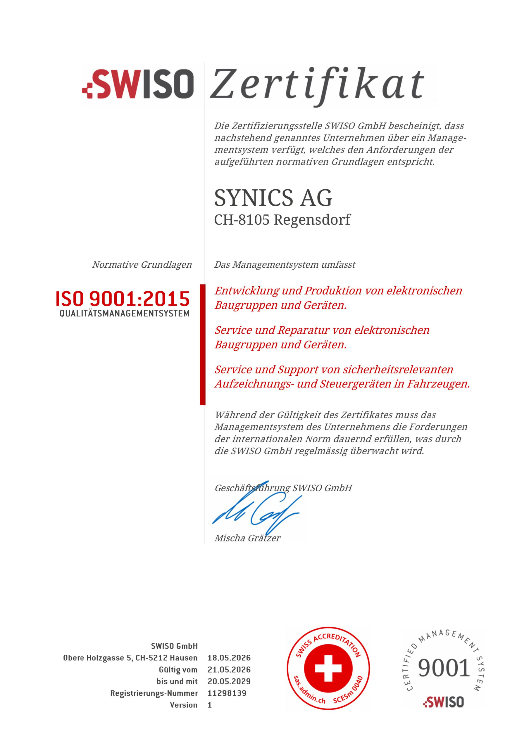 ISO 9001 2015 Zertifikat gültig bis 2026